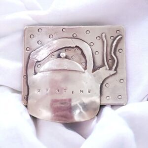 Vintage Peggy Johnson Brooch Pin Sterling Silver Carved Tea Kettle Signed 1991